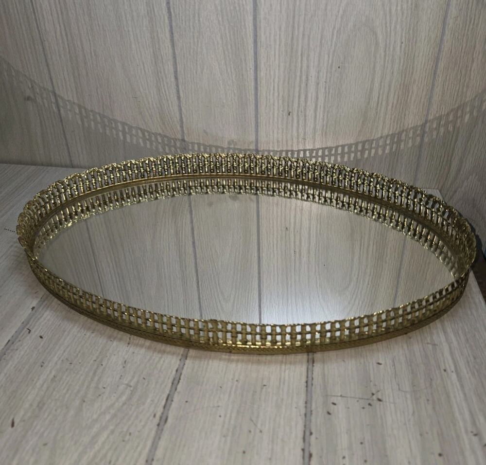 Vtg Hollywood Regency Gold Ornate Filigree Oval Mirror Vanity Tray MCM Large